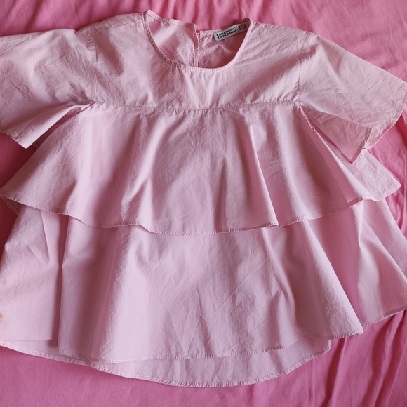 Iced candy/baby pink Zara Basic ruffle tiered short cap sleeve top size medium - Picture 7 of 7